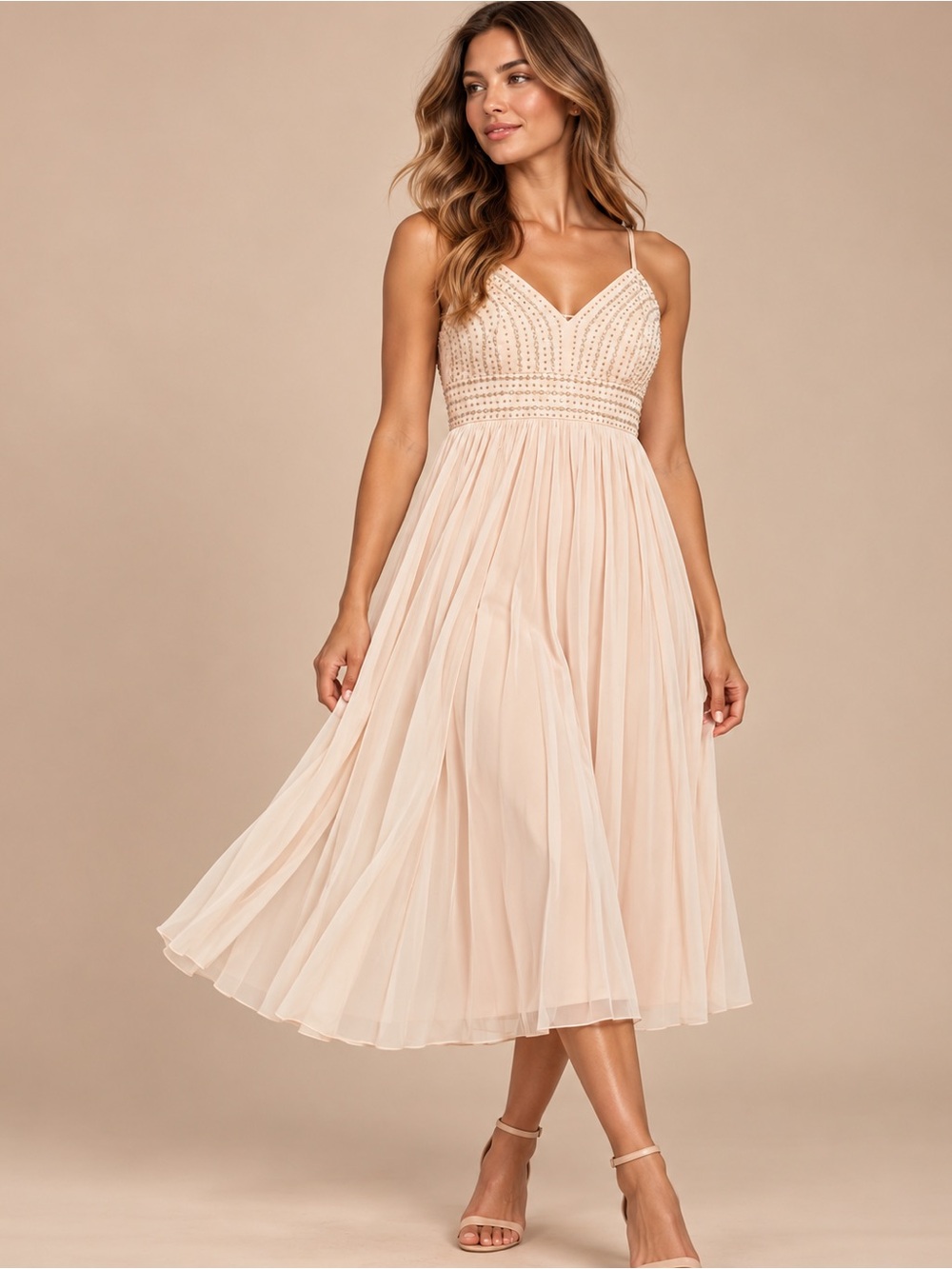 Lulu's Blush Beaded Spaghetti-Strap Midi Dress
